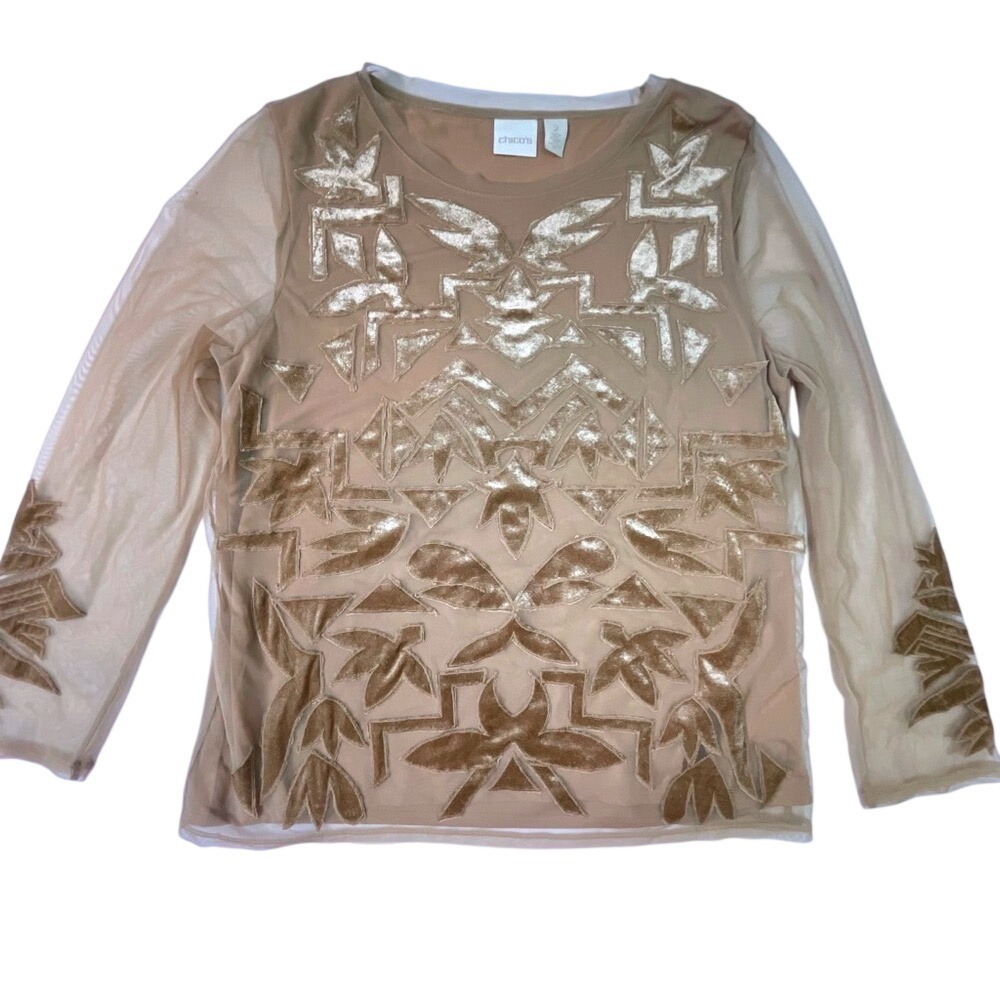 Chicos Mesh Velvet Burnout Top Gold Tan Geometric Floral Long Sleeve Size 2 L